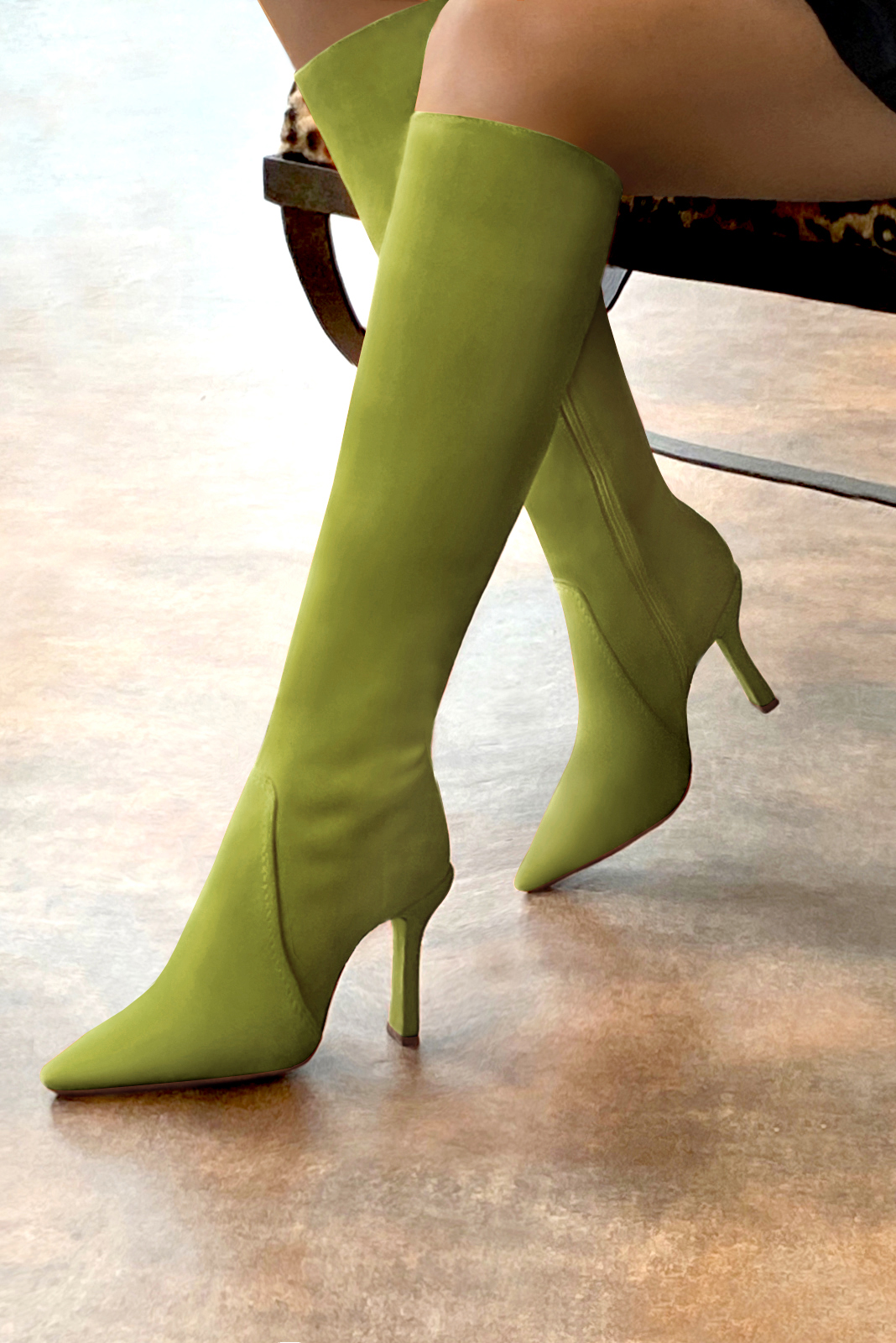 Pistachio green women's feminine knee-high boots. Pointed toe. Very high spool heels. Made to measure. Rear view - Florence KOOIJMAN